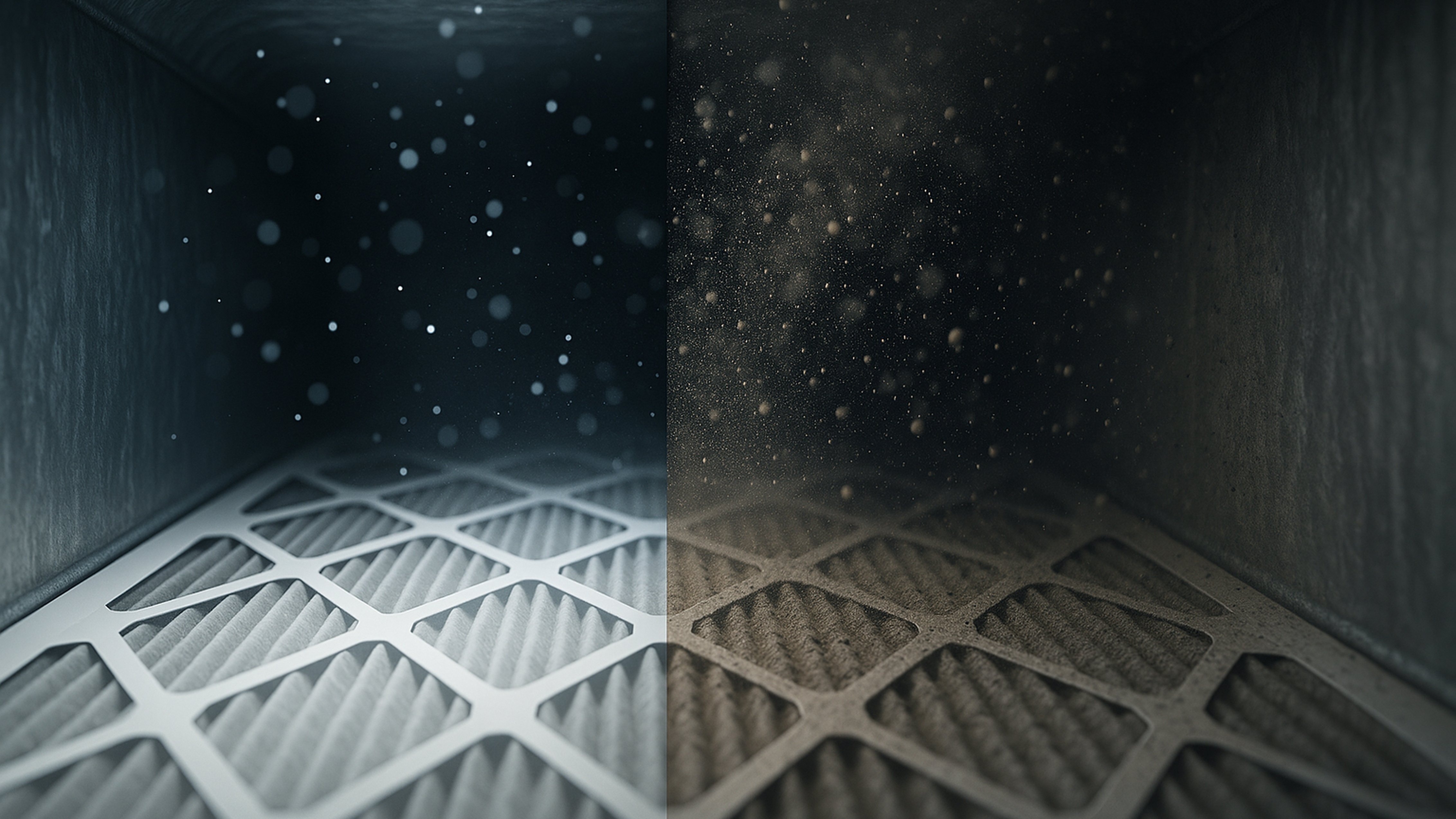 Clean vs dirty air filter comparison showing dust buildup