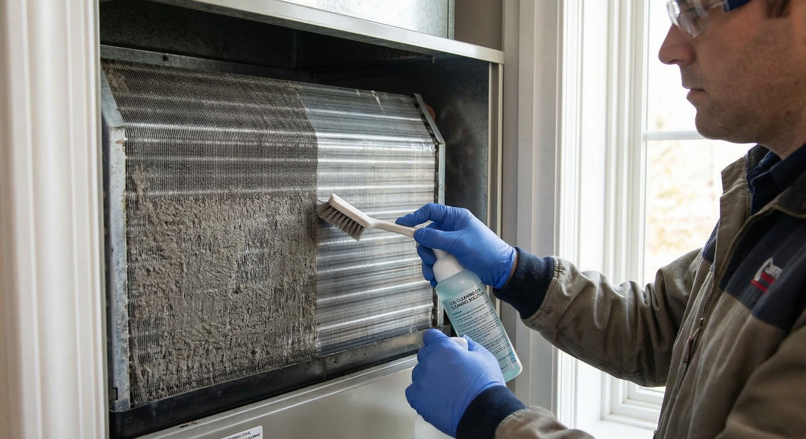 Technician cleaning a dirty evaporator coil with brush and cleaning solution