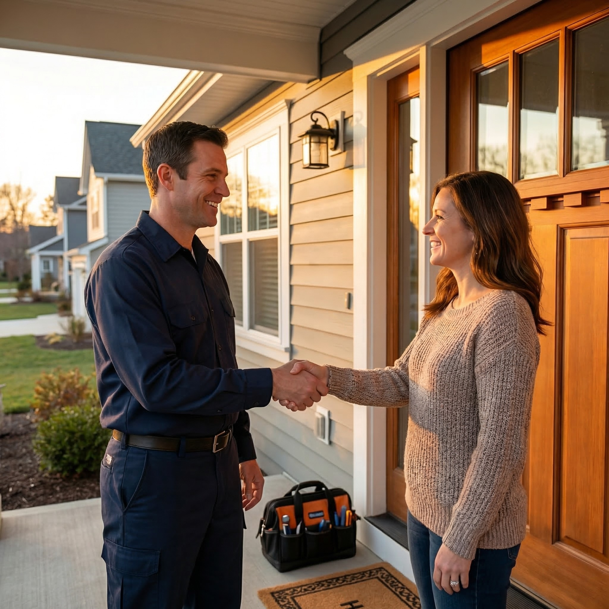 FreshDuct technician greeting homeowner at front door