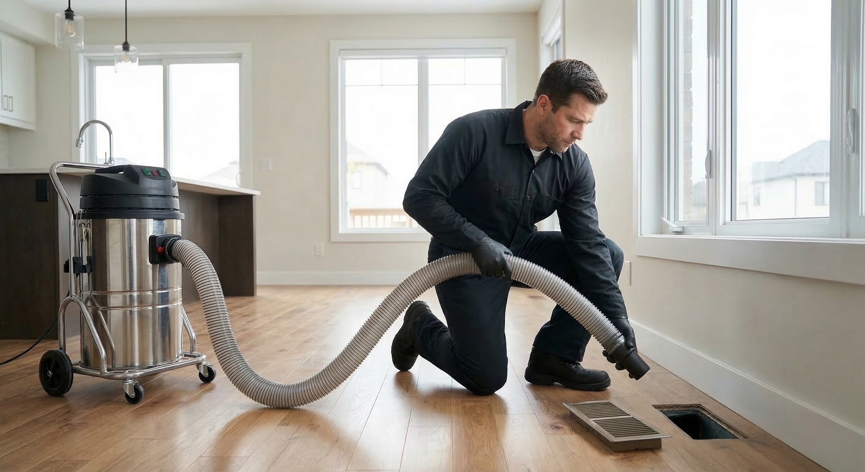 Professional residential air duct cleaning with HEPA vacuum